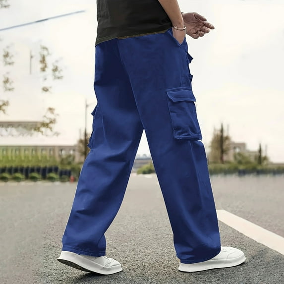 Vetsdori Mens Straight-Leg Big and Tall Pants Blue Plain Pullover Fitness Elastic Waist Daily Regular Pants for Men Stylish