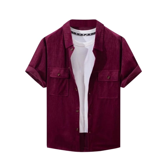 Elvqul Mens Summer Shirt with Pockets Quick Dry T-Shirt Button Up Classic Short Sleeve Wine Collared Tee for Men Fashion