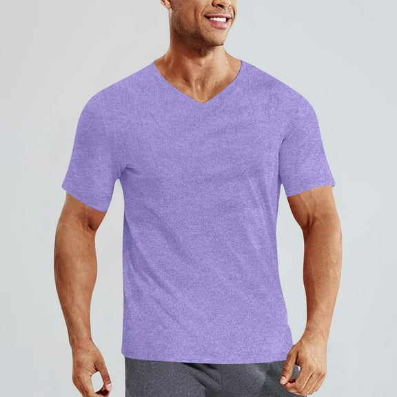 Vetsdori Mens T-Shirts Short Sleeve Breathable Pullover Casual Purple V-Neck Plain Shirts for Men Trendy