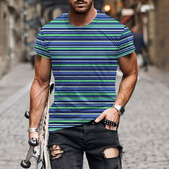 Vetsdori Mens T-Shirts Slim Fit Striped Athlete Pullover Fashion Short Sleeve Light Blue Fitness Crew Neck Shirts for Men