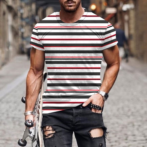Elvqul Mens Tops Short Sleeve Crew Neck Tees Big and Tall Summer Striped