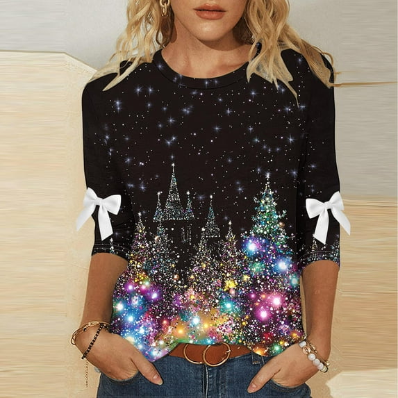 Elvqul Merry Christmas Tops for Women Christmas Shirts Plus Size Pullover 3/4 Sleeve Oversized Crewneck Womens Blouses Print