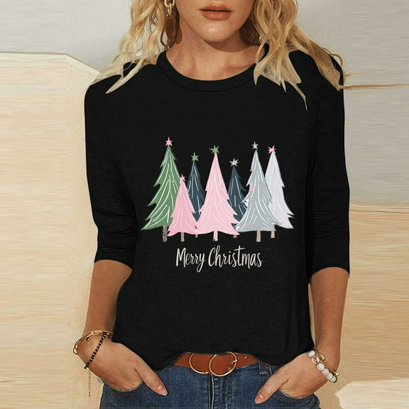 Elvqul Merry Christmas Tops for Women Christmas T Shirts 3/4 Sleeve Print Gray Crewneck Womens Blouses Loose