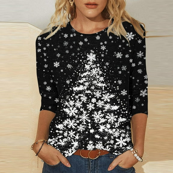 Elvqul Merry Christmas Tops for Women Printed Shirts Christmas Plus Size Crewneck 3/4 Sleeve Womens Tops