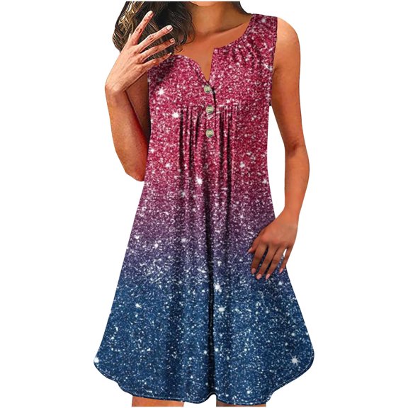 Elvqul Midi Dresses for Women Red Knee Length Print Summer Henley A-line Dress Sleeveless