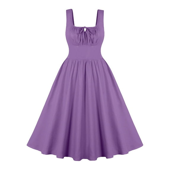Elvqul Midi Dresses for Women Summer Casual Solid for wedding Mid-Length Purple A-line Dress Sleeveless
