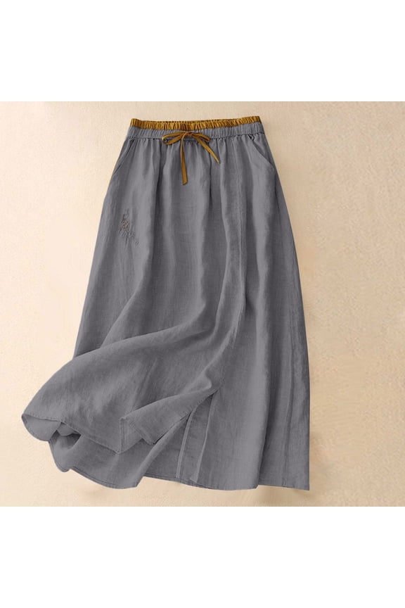 Midi Skirts for Women Gray Pleated A-Line Skirt Beach Plain Casual Summer Womens Swing Skirts Vacation
