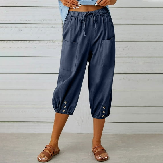 Elvqul Navy Capris for Women Plus Size Pants for Women Pockets Cropped Comfortable Pants