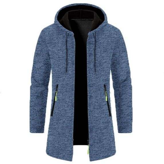 Elvqul Navy Jackets Men Solid Peacoat Knit Big Hooded Fashion Jackets Winter Long Sleeve Pockets Coat Zipper Shirts