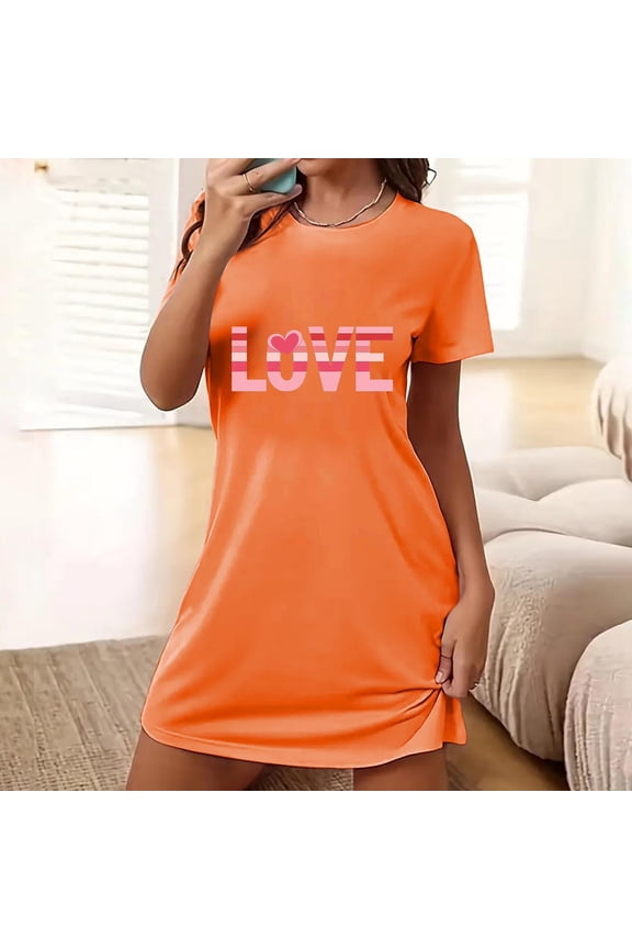 Nightgown for Women Short Sleeve Round Neck Womens Nightgown Oversized Printed Short Nightgowns Valentine's Day Orange