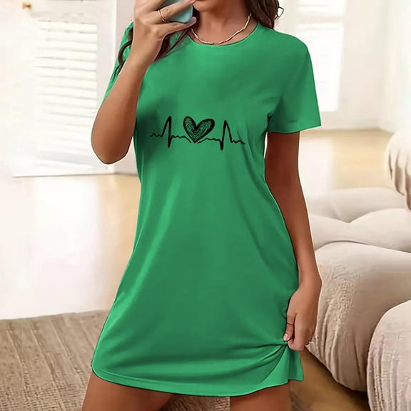 Elvqul Nightgowns Women Green Comfy Short Sleeve Oversized Soft Sleepwear Nightdress Print Nightgowns