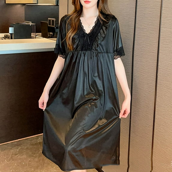 Elvqul Nightgowns Women Oversized Comfy Black Solid Short Sleeve Sleepdress Casual Silk Nightdress Satin Nightgowns