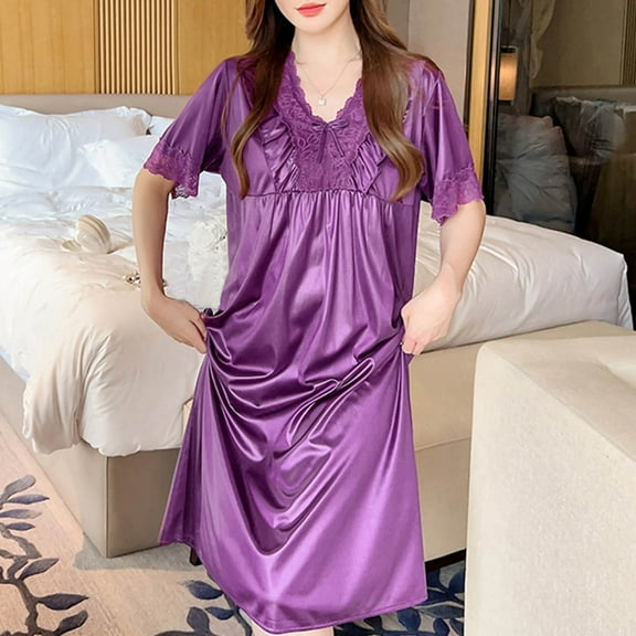 Elvqul Nightgowns Women Plus Size Casual Comfy Orange Solid Short Sleeve Sleepdress Pajamas Silk Satin Nightgowns