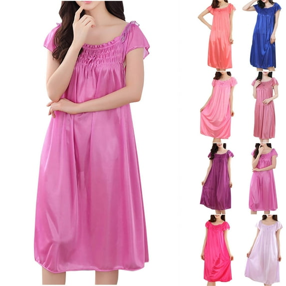Royisotas Nightgowns for Women Long Loose Silky Pajamas Orange Pleated Summer Solid Color Crew Neck Juniors Nightdress Comfortable