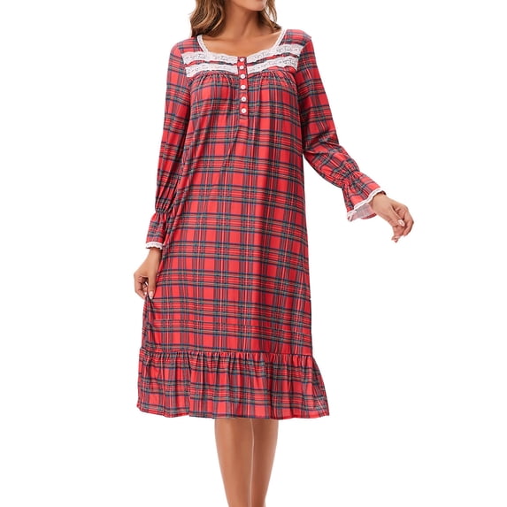 Elvqul Nightgowns for Women Long Sleeve Red Loose Sleep Shirts Button Up Print Plaid Crew Neck Winter Womens Home Wear Fashion
