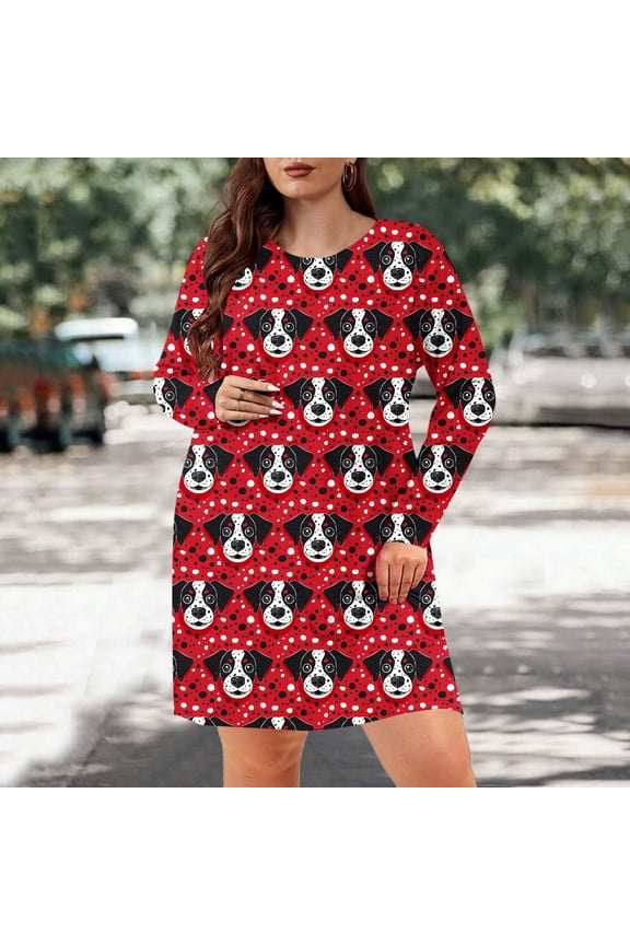 Nightgowns for Women Long Sleeve Red Plus Size Night Shirts Oversized Crew Neck Comfy Print Night Dress Home Nightgowns