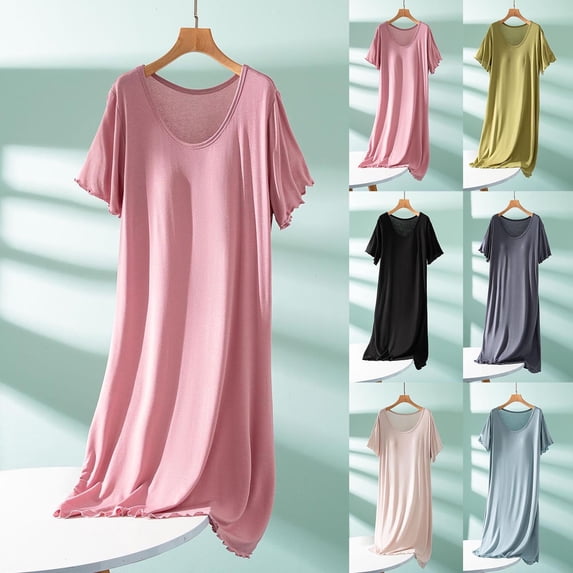 Elvqul Nightgowns for Women Plus Size Cotton Long Sleepwear for Women Short Sleeve Beige Nightgowns