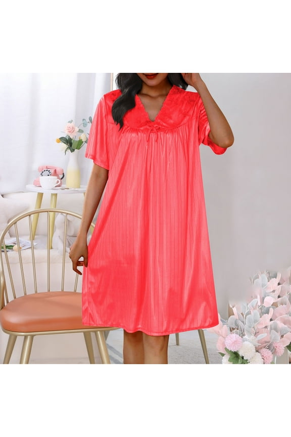 Nightgowns for Women Silk Nightdress Plus Size Soft Plain Short Sleeve Red V-Neck