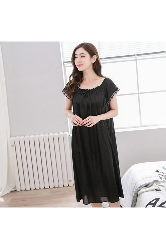 Nightgowns for Women Soft Nightdress Plus Size Crew Neck Silky Plain Black Short Sleeve
