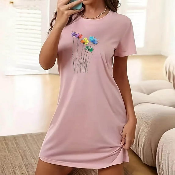 Royisotas Nightgowns for Women Solid Color Pink Pajamas Plus Size Short Casual Short Sleeve Womens Sleepwear Comfortable