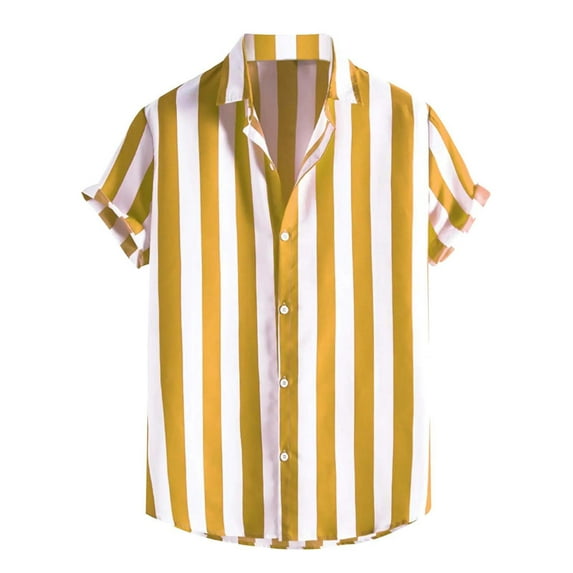 Vetsdori Outdoor Shirts for Men Button up Yellow Button Short Sleeve Slim Fit Striped Crew Neck Mens T-Shirts Trendy
