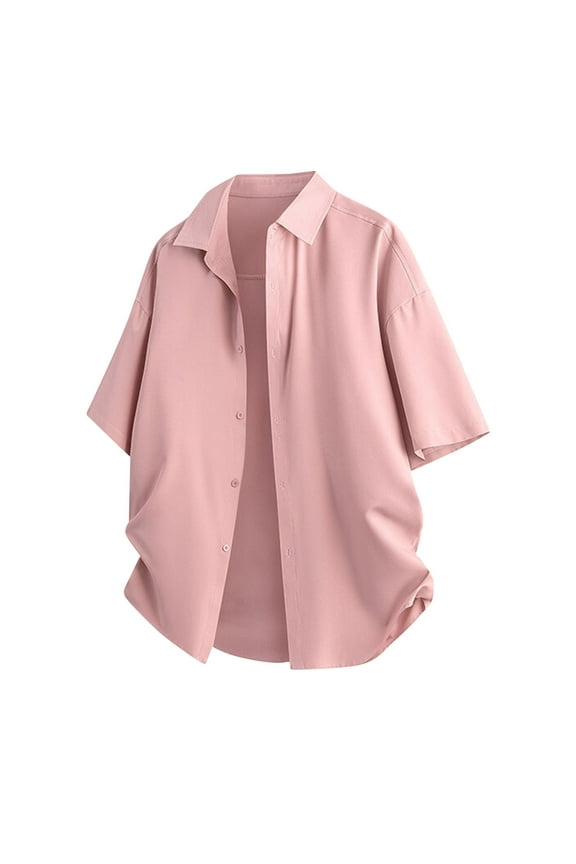 Outdoor Shirts for Men Pink Short Sleeve Button Lightweight Crew Neck Stylish Collared Mens T-Shirts Solid Color