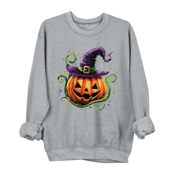 Elvqul Oversized Sweatshirts for Women Halloween Pumpkin Crew Neck Sweatshirt Ghost Spooky Long Sleeve Casual Ladies Pullover Tops Gray