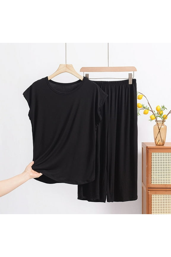 Pajama Set for Women Short Sleeve Round Neck Lounge Set Modal Pullover Summer Two Piece Womens Tee and Pants Lightweight
