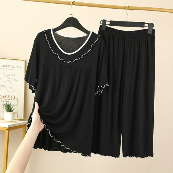 Elvqul Pajamas Sets for Women Cotton 2PC Short Sleeve Black Sleepwear Tops and Pants Pajamas Set