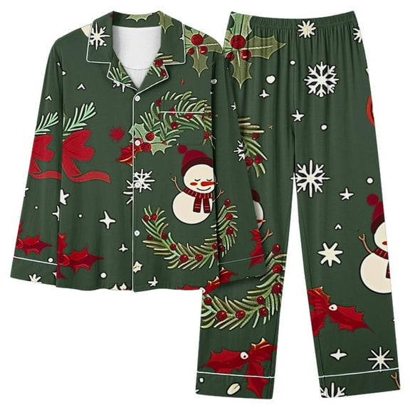Elvqul Pajamas for Women Casual Christmas Loungewear 2-Piece Tops and Pants Green Button up Long Sleeve Christmas Ladies Pajamas Set Cute