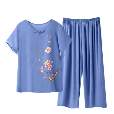 Elvqul Pajamas for Women Clearance 2PC Summer Plus Size Womens Pajamas Blue Tops and Pants Lightweight