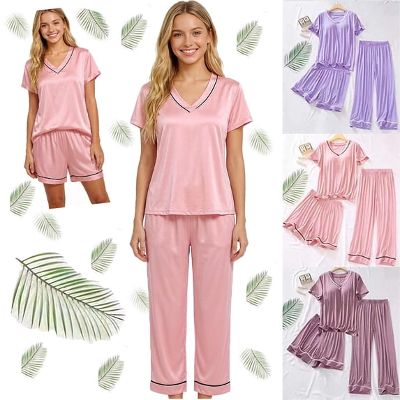 Elvqul Pajamas for Women Plus Size 3PC Comfortable Hot Pink Tops and Shorts and Pants Pajamas Set