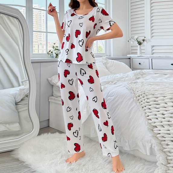 Elvqul Pajamas for Women Clearance Soft Love Print Sleepwear Comfort Short Sleeve Loungewear Pajamas