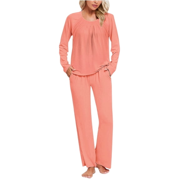 Elvqul Pajamas for Women Pajamas Set Hot Pink Summer pleated Solid Color Long Sleeve Crew Neck Womens Sleepwear