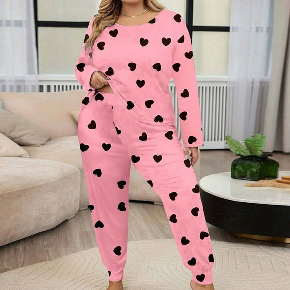 Elvqul Pajamas for Women Pink Crew Neck Pajamas Set Long Sleeve Print Cozy Plus Size Womens Sleepwear Plus Size
