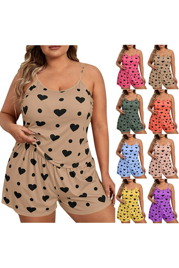 Pajamas for Women Plus Size Loose Pajamas Set Sleeveless Summer Plus Size Print Womens Pajama CrewNeck
