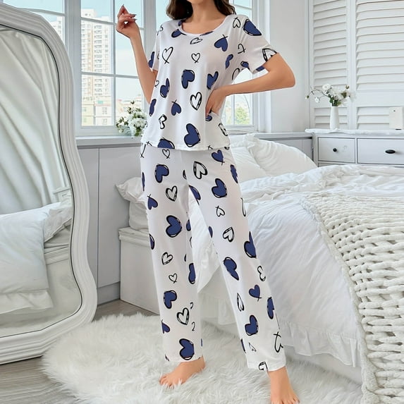 Elvqul Pajamas for Women Plus Size Love Print Soft Sleepwear Comfortable Loungewear Short Sleeve Pajamas