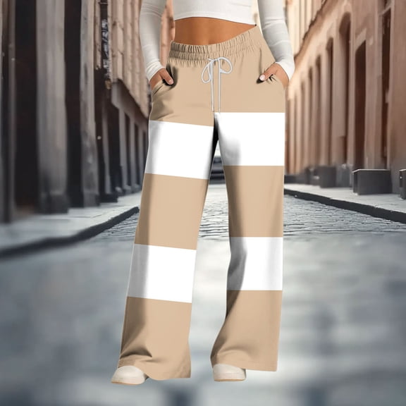 Elvqul Pants for Women Elastic Waist Winter Sweatpants with Pockets Color Block Lightweight Juniors Bottoms Wide Leg