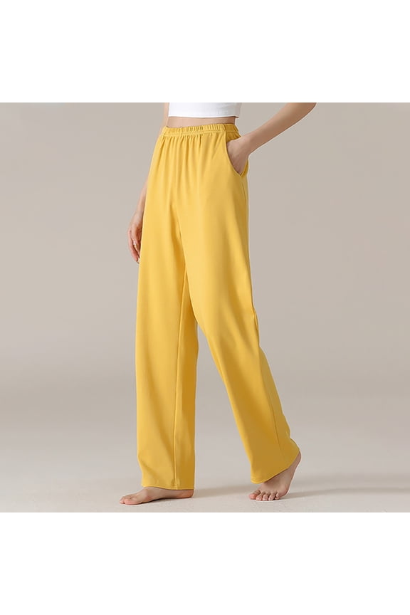 Pants with Pockets for Women Ankle Pull on Trousers Mid Yellow Straight Leg Comfortable Womens Pants Solid