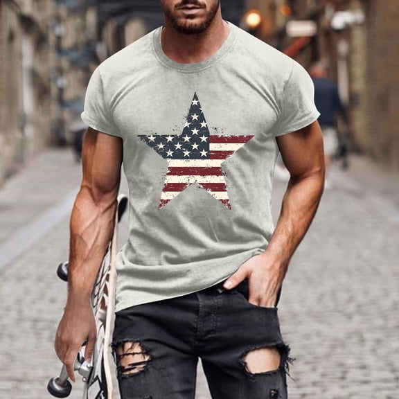 Elvqul Patriotic Shirts for Men Big and Tall Gray Pullover Independence Day Round Neck Summer Trendy Tee Shirts Short Sleeve Star Mens Shirts