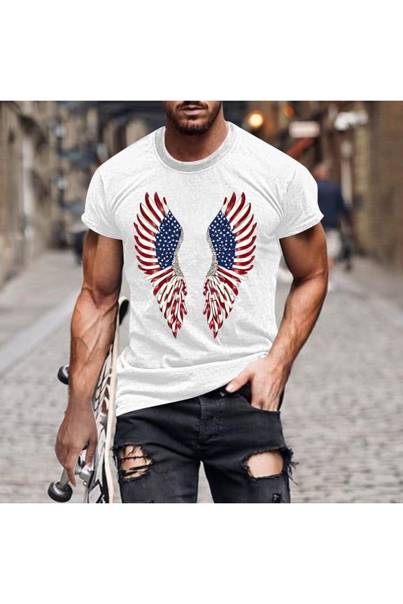 Patriotic Shirts for Men Independence White Pullover Summer Eagle Tee Shirts Fourth of July Round Neck Trendy Mens Shirts