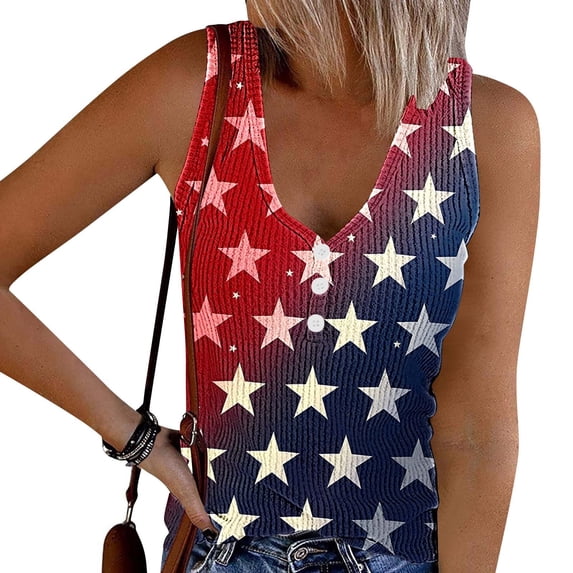 Elvqul Patriotic T-Shirts for Women Under 5 Sleeveless Tops 4th of July Elastic American Flag Independence Day Juniors Blouses Star