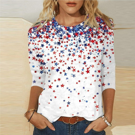 Elvqul Patriotic T Shirts for Women Independence Plus Size Tops Star Fourth of July 3/4 Sleeve Juniors Blouses Round Neck