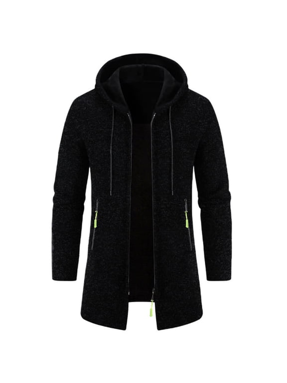 Peacoat Mens Jackets Hooded Black Knit Big and Tall Winter Solid Coat Fashion Pockets Jackets Zipper Long Sleeve Shirts