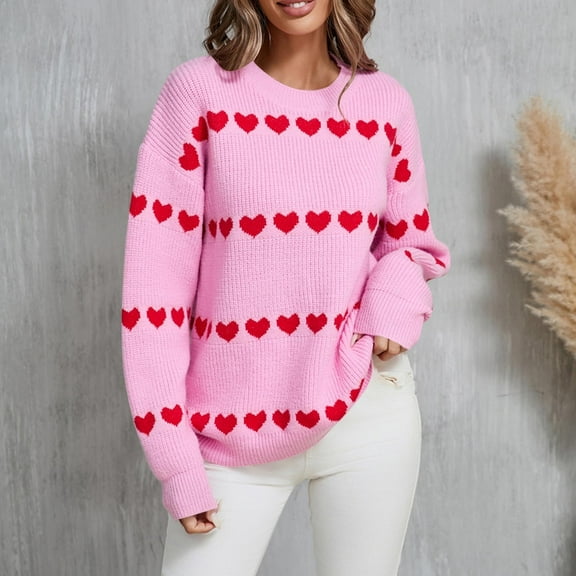 Vetsdori Pink Sweaters for Women Knitting Cotton Round Pullover Long Sleeve Soft Love Heart Print Present Womens Tops Valentine
