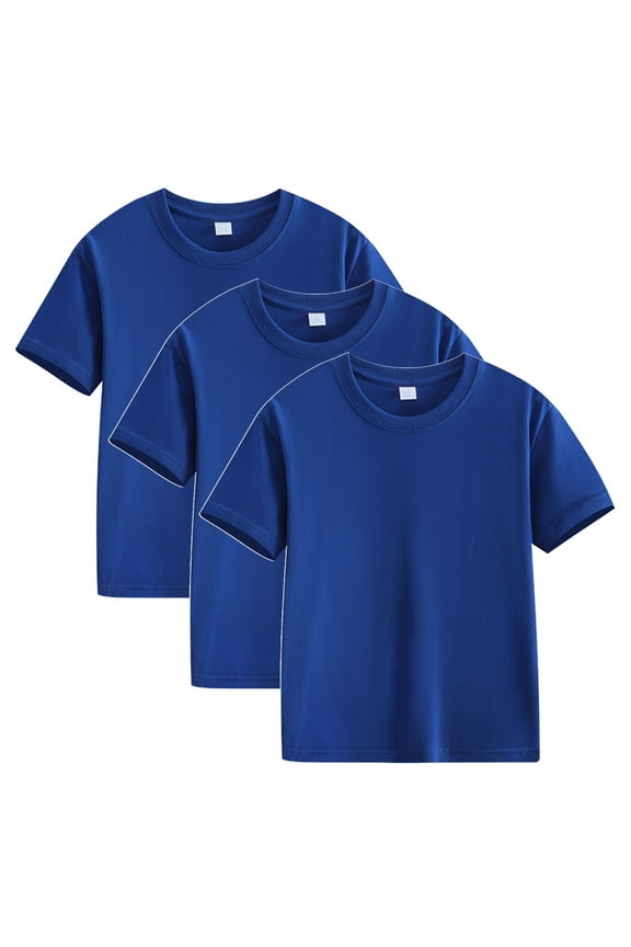 Plain Girls Shirts Casual Round Neck Cotton Short Sleeve Blue 3 Pack T-shirts for Girls