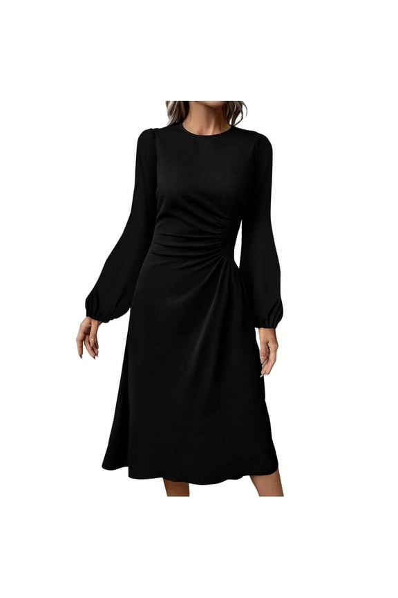 Pleated Dresses for Women Black Winter Dress Crew Neck Long Sleeve Solid Color Tunic Womens Midi Dresses Fashion
