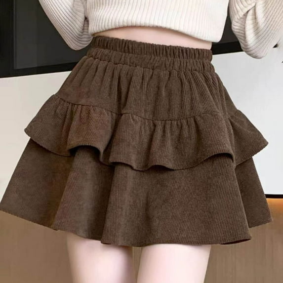Elvqul Pleated Skirts for Women Trendy Stretch Brown High Waist Solid Color Leisure Womens Mini Skirts