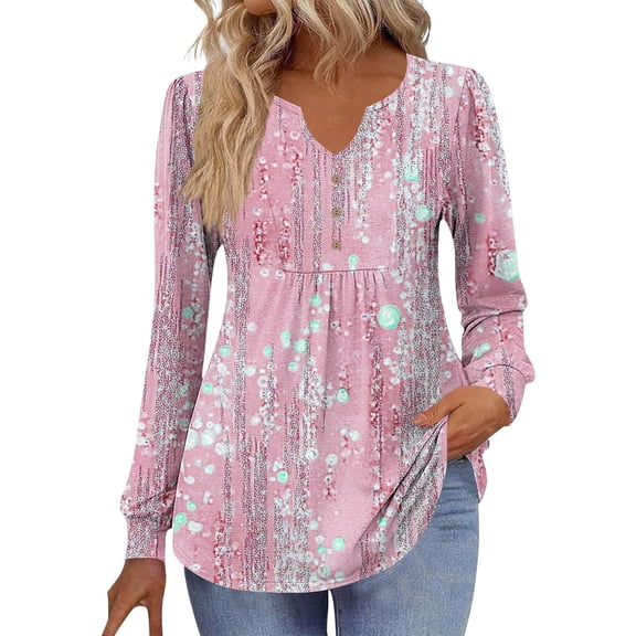 Elvqul Pleated Tops for Women Casual Pink T Shirts Loose Long Sleeve Button Down Graphic Dressy Womens Blouses V Neck