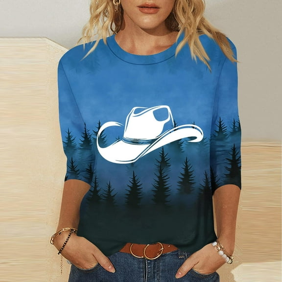Elvqul Plus Size Blouses Women Comfortable Western Cowboy Tops 3/4 Sleeve Blue Print Pullover Crew Neck Tshirts Fashion Blouses